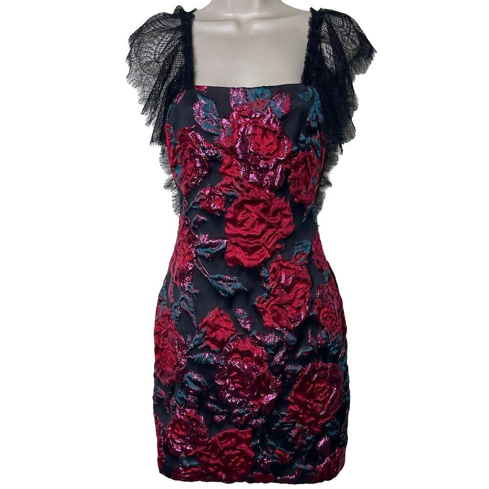 NWT Sandra Mansour jacquard pink roses mini black dress sz 34 US XS